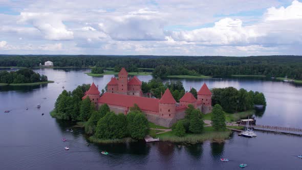 smooth aerial footage of the ancient Trakai castle on the island