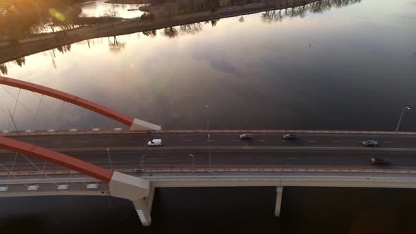 Aerial shot crossing Mississippi River at dusk