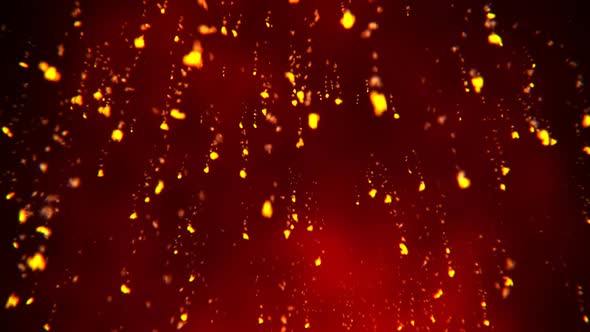 Animation of fire rain. Night volcano eruption. Shining particles sparkles.