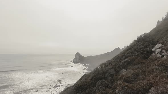 Mountainside, ocean waves and rocky shore in Sharp Point at Dry Lagoon State Park, California, USA