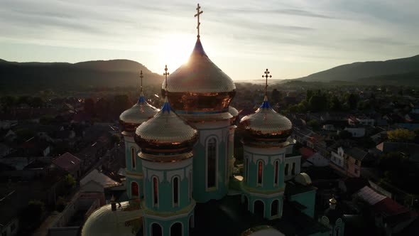 Christian Church at Sunset Aerial View Temple in the Transcarpathia Ukraine