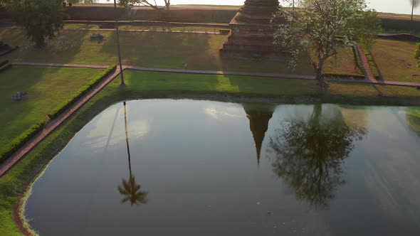 Aerial View of Wat Mahathat Buddha and Temple in Sukhothai Historical Park