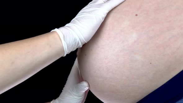 The Doctor Touches the Belly of a Pregnant Woman. Young Woman with a Big Belly on Inspection