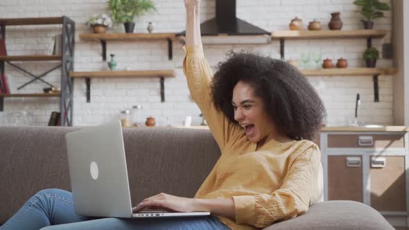 Excited African Girl Rejoice Internet Success Celebrate Online Bid Win Victory Receiving Good Exam