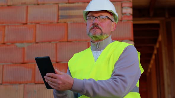 Eengineer Architect Specialist Operate with Digital Tablet to Control Working at Construction Site
