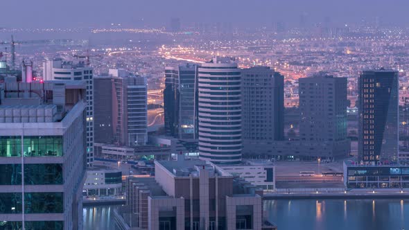 Dawn in Big City Dubai From Night to Morning Transition Aerial Timelapse