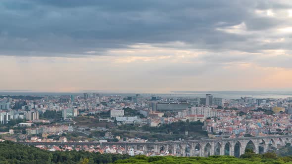 Panoramic View During Sunrise Over Lisbon and Almada From a Viewpoint in Monsanto Morning Timelapse