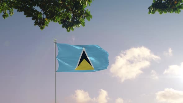 Saint Lucia Flag With  Modern City 