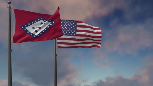 Arkansas State Flag Waving Along With The National Flag Of The USA - 4K