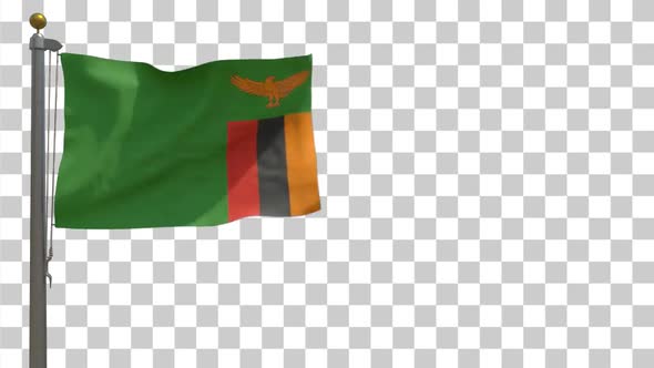 Zambia Flag on Flagpole with Alpha Channel - 4K