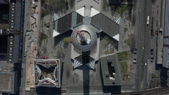 AERIAL: Wide View of Empty Berlin, Germany Alexanderplatz TV Tower with Almost No People or Cars on