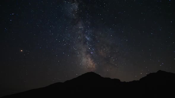 The Milky Way galaxy Rising Above High Mountain Peaks in the Night Sky