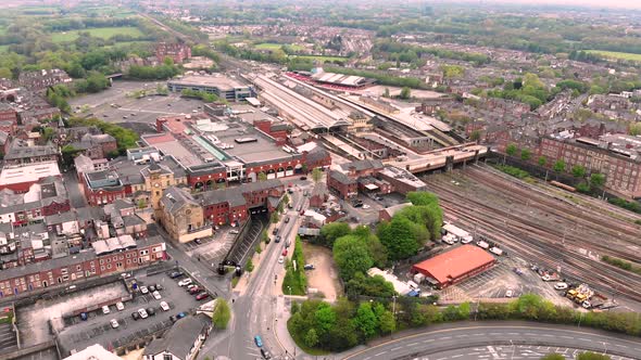 Flying over Fishergate towards Preston train station on a cloudy day