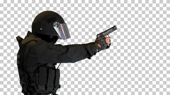 Armed man in protective cask with a pistol, Alpha Channel
