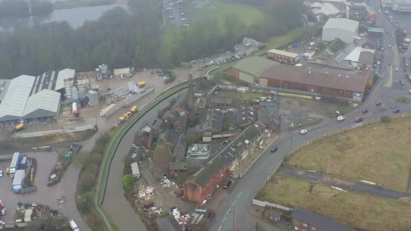 Aerial view of Kensington Pottery Works an old abandoned, derelict pottery factory and bottle kiln l