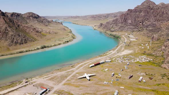 Drone Shot of Old Train Dump Near River Ili Kazakhstan