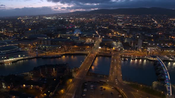 Belfast city centre aerial flyover. River Lagan