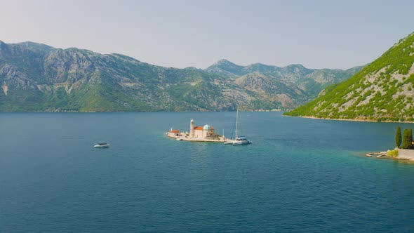 Aerial Drone View a Church Our Lady of the Rocks in Perast Montenegro