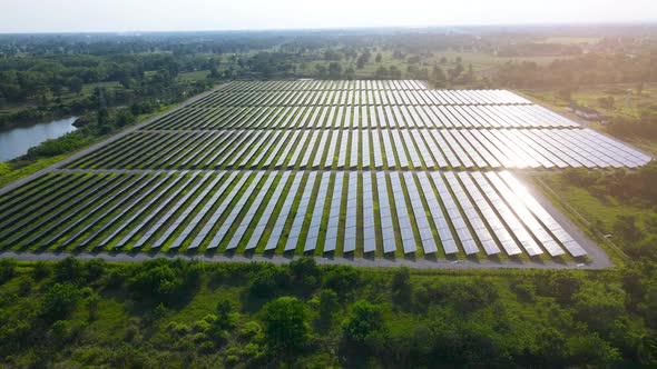 Eco Power Save Earth Solar power plant and 4K aerial view. Renewable energy. Green tech.