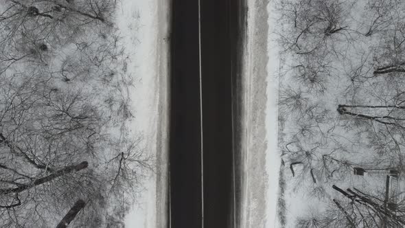 Aerial View of Winter Road Trough Snow Covered Forest