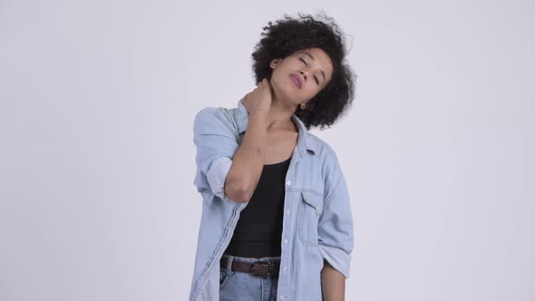Young Stressed African Woman Having Neck Pain