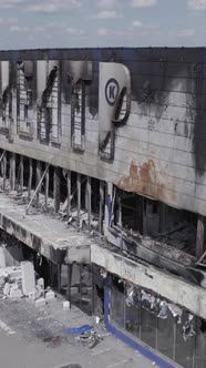 Vertical Video of a Burnt Shopping Center During the War in Bucha Ukraine