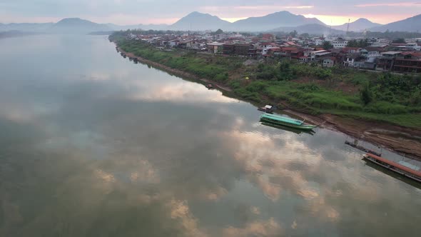 Aerial view of rural city by the Mekong river by drone