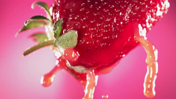 Slow Motion Macro Shot of Flowing Juice From Strawberry