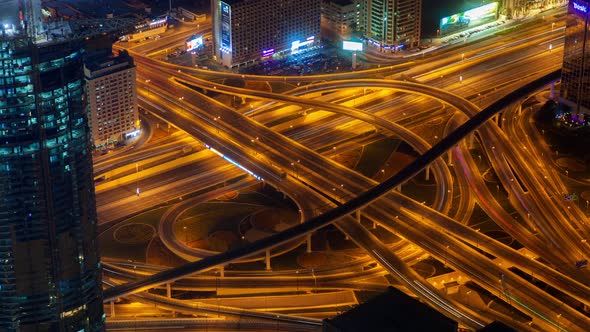 Dubai Highway Intersection Traffic Transport Node Night Time-lapse