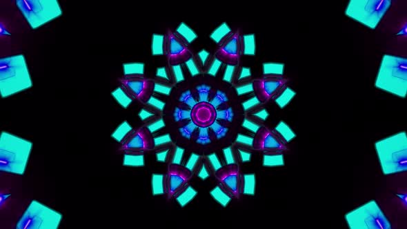 Cyan Flower Shapes With Fractal Neon Light Kaleidoscope Loop