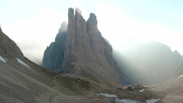 Aerial View of Vajolet Towers Mountain in Dolomites Italy at Sunrise