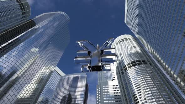crystal Yuan sign on the background of tall mirrored buildings and an airplane