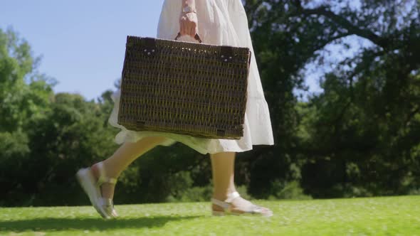 Young Woman Walking with Basket Along with RED Camera Outdoors in Forest Lawn