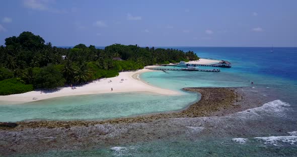 Wide angle fly over copy space shot of a summer white paradise sand beach and aqua blue ocean backgr