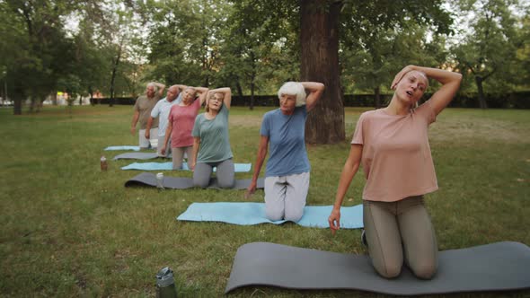 Female Yoga Teacher and Senior People Stretching in Park