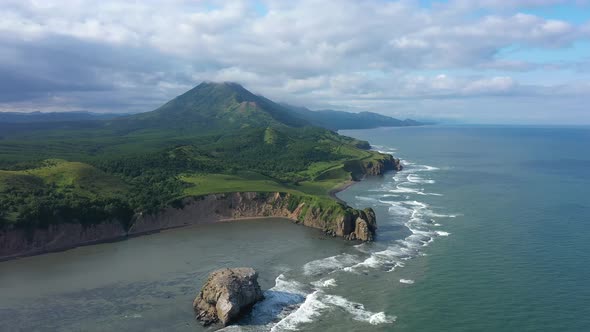 Flying Above the Tikhaya Bay. Coastline of Sakhalin Island, Russia.