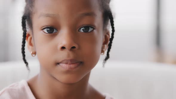 Portrait Sad Cute African Child Orphan Offended Afro American Ethnic Small Girl Black Mixed Race