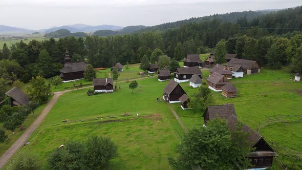 Aerial view of the open-air museum in the town of Stara Lubovna in Slovakia