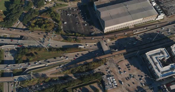 Birds eye view of traffic on I-45 in the downtown Houston area. This video was filmed in 4k for best