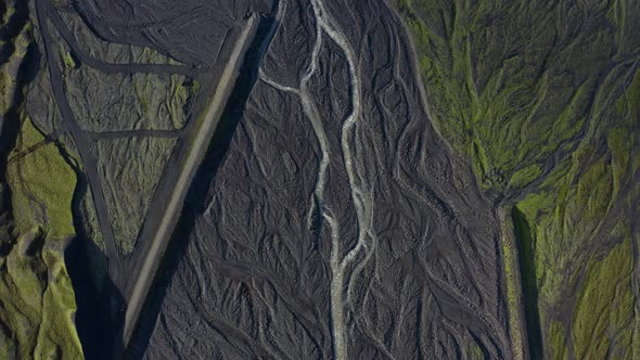 Drone Over Landscape With Dry Riverbed Of Braided River