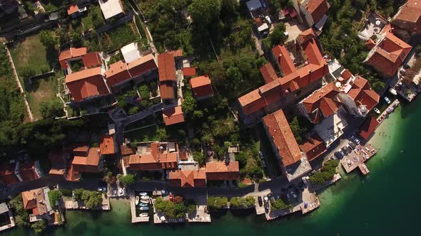 Aerial View of the Ancient Roofs of Prcanj Houses on the Coast of the Bay