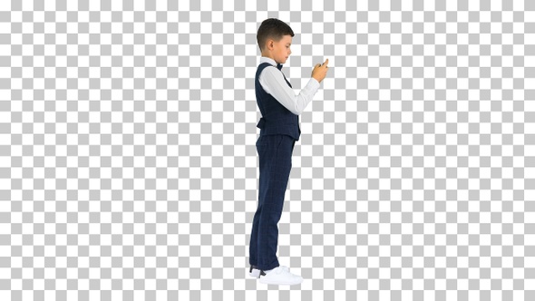 Concentrated boy in waistcoat using voice, Alpha Channel