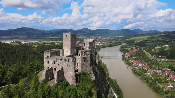 Aerial view of the castle in the village of Strecno in Slovakia