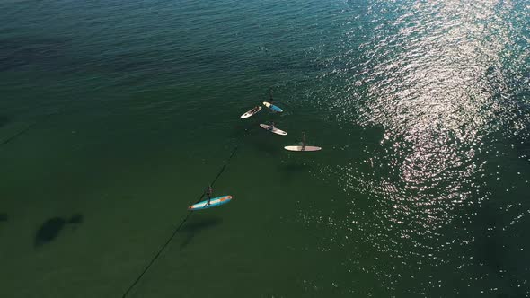 Tourists Floating on SUP Board in Blue Sea