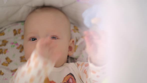 Active Six Months Baby Girl Playing with Toys in Crib