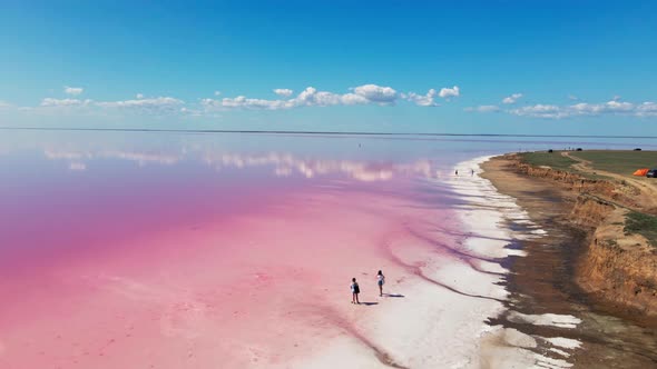 Cinematic Aerial  Footage From Drone Flying Over Amazing Landscape with Natural Pink Lake