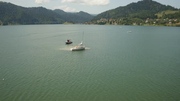 Aerial view of a boat on the lake
