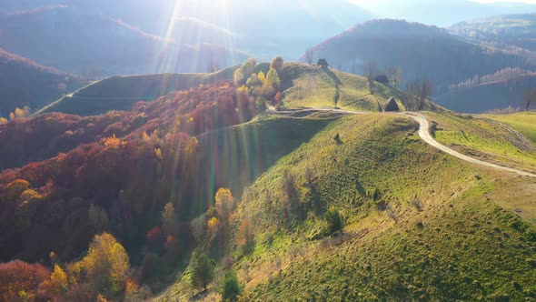 Flying Above Autumn Forest and Countryside Hills