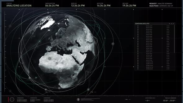 Screen with Data. Searching and Selecting Satellites. Location Germany.Animation