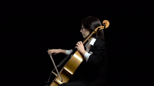 Female Hand Plays with a Bow on a Cello in Dark Studio . Black Background. Side View